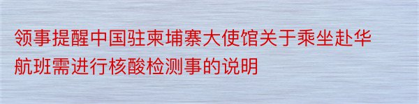 领事提醒中国驻柬埔寨大使馆关于乘坐赴华航班需进行核酸检测事的说明